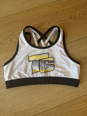 TopGun Girls White & Black Sports Bra Top with Yellow Accent